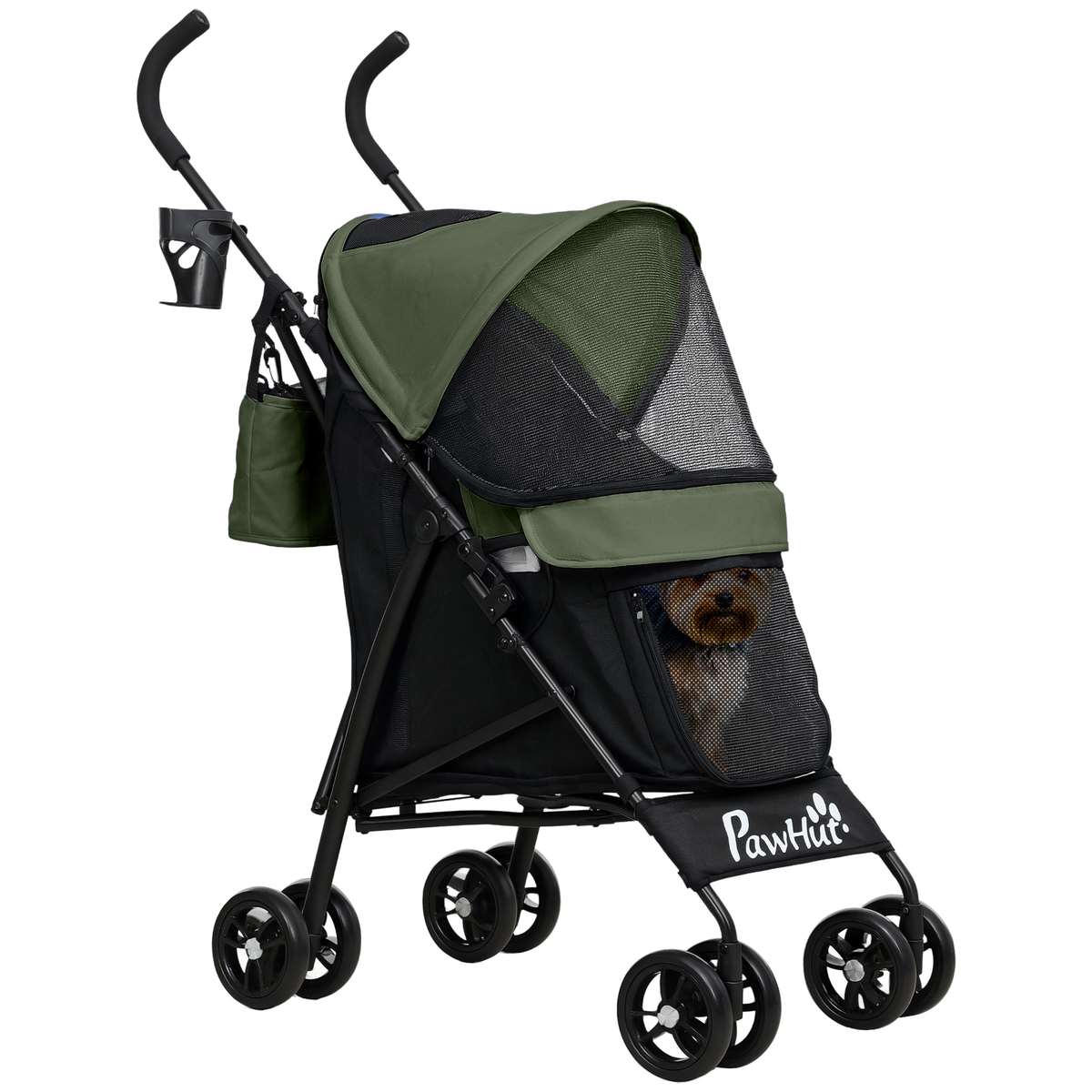 PawHut Foldable Dog Stroller, Lightweight Dog Pram W Shoulder Strap, Storage Bag, Cup Holder, Dark Green