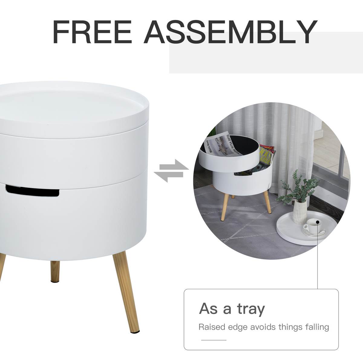 3-Tier Coffee Table, Round End Table With 2 Hidden Compartments And Detachable Tray, Side Table With Storage For Living Room, Set Of 2, White