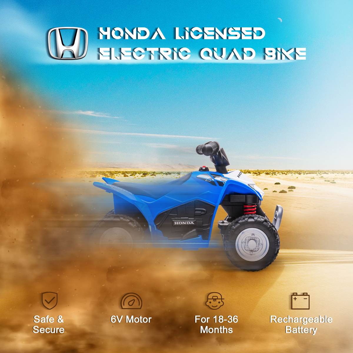Honda Licensed Kids Electric Quad Bike, 6V ATV Ride On For Ages 1.5-3 Years, Blue